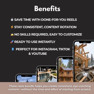 Puede incluir: Imagen que promociona un paquete de reels, con el t&iacute;tulo "Beneficios". El texto destaca caracter&iacute;sticas como el ahorro de tiempo, la rotaci&oacute;n de contenido y la facilidad de uso. La imagen incluye maquetas de tel&eacute;fonos que muestran ejemplos de contenido, con el texto "Este paquete de reels te ayuda a crear contenido consistente y llamativo."