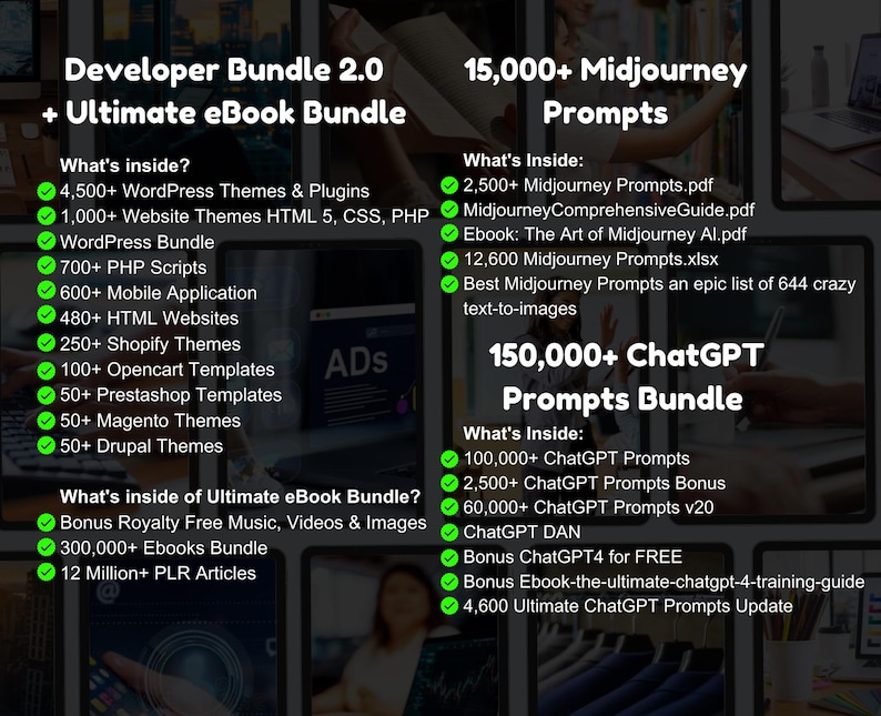 May include: An advertisement for digital product bundles, set against a dark backdrop. The image showcases three bundles: Developer Bundle 2.0, 15,000+ Midjourney Prompts, and 150,000+ ChatGPT Prompts. Each bundle's contents are listed with checkmarks.