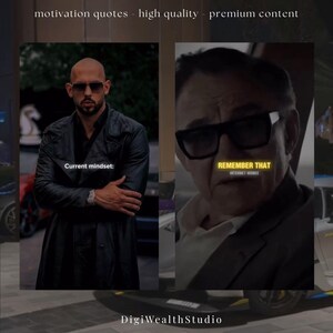 May include: A split image with two men. The left side shows a man in sunglasses and a black coat with the text "Current mindset:". The right side shows a man in sunglasses with the text "REMEMBER THAT INTERNET MONEY". The image has the text "motivation quotes - high quality - premium content" and "DigiWealthStudio".