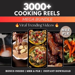 May include: A digital bundle of 3000+ cooking reels featuring viral trending videos. The graphic displays multiple smartphone screens showing various food preparations, including salmon, pasta, and ribs, with text labels MRR, PLR, and bonus inside.
