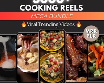 May include: A digital bundle of 3000+ cooking reels featuring viral trending videos. The graphic displays multiple smartphone screens showing various food preparations, including salmon, pasta, and ribs, with text labels MRR, PLR, and bonus inside.