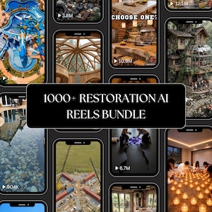 Puede incluir: Una cuadr&iacute;cula de pantallas de tel&eacute;fonos inteligentes que muestran diversos conceptos de dise&ntilde;o de interiores y exteriores. Una pancarta negra en el centro dice "1000+ Restoration AI Reels Bundle". Las pantallas presentan varios conceptos arquitect&oacute;nicos y de dise&ntilde;o.