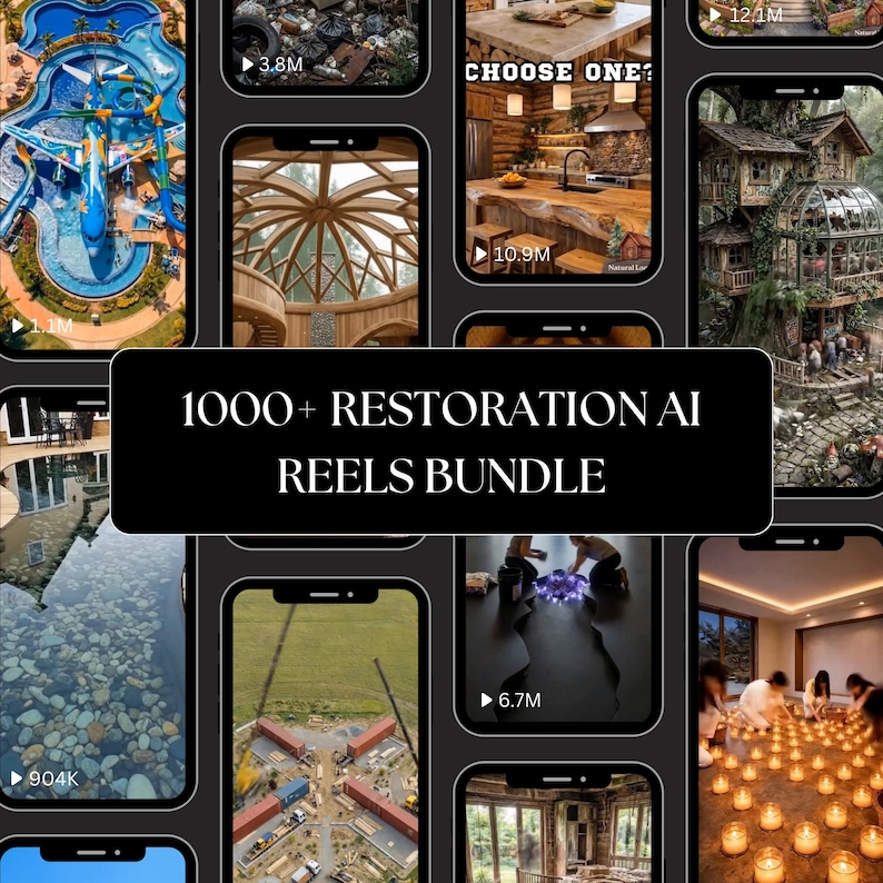 Puede incluir: Una cuadr&iacute;cula de pantallas de tel&eacute;fonos inteligentes que muestran diversos conceptos de dise&ntilde;o de interiores y exteriores. Una pancarta negra en el centro dice "1000+ Restoration AI Reels Bundle". Las pantallas presentan varios conceptos arquitect&oacute;nicos y de dise&ntilde;o.