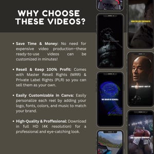 May include: A promotional graphic with the text "WHY CHOOSE THESE VIDEOS?" and bullet points detailing benefits. The image includes several smartphone screens displaying various video content, including motivational quotes and fitness-related visuals.