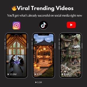Puede incluir: Imagen que promociona "V&iacute;deos de tendencia viral" con logotipos de Instagram, TikTok y YouTube. La imagen muestra tres pantallas de tel&eacute;fono que muestran v&iacute;deos populares. El texto dice: "Obtendr&aacute;s lo que ya tiene &eacute;xito en las redes sociales ahora mismo."
