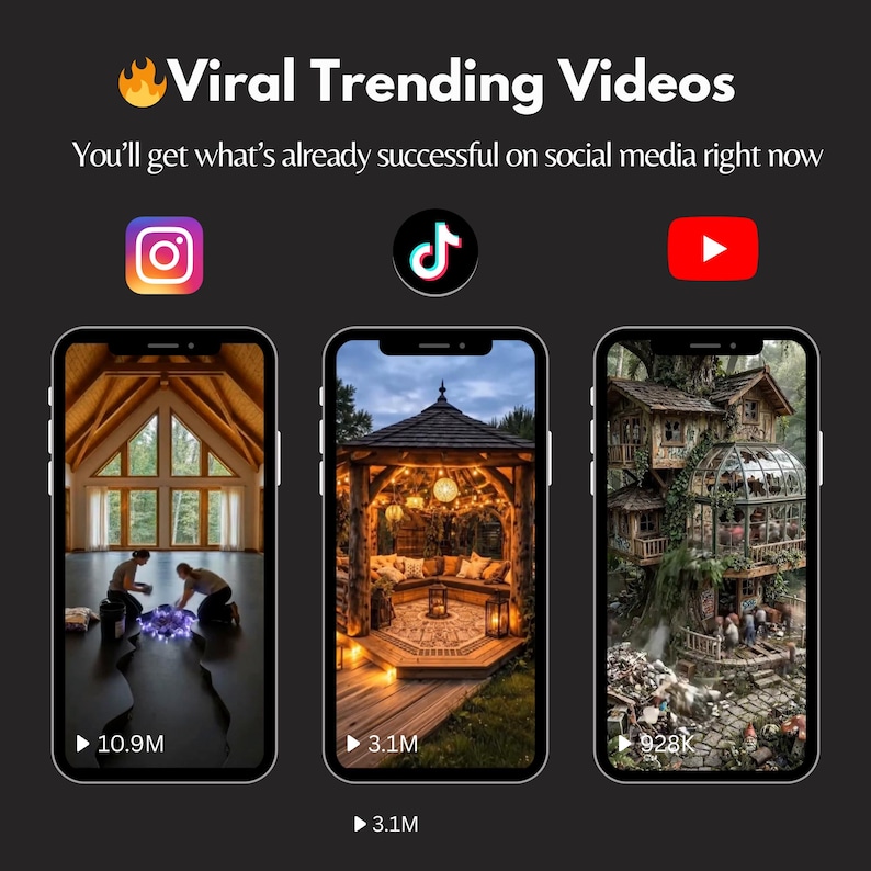 Puede incluir: Imagen que promociona "V&iacute;deos de tendencia viral" con logotipos de Instagram, TikTok y YouTube. La imagen muestra tres pantallas de tel&eacute;fono que muestran v&iacute;deos populares. El texto dice: "Obtendr&aacute;s lo que ya tiene &eacute;xito en las redes sociales ahora mismo."
