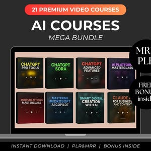 Peut inclure: Visuel numérique pour un méga pack de cours sur l'IA. L'image montre un ordinateur portable affichant 8 couvertures de cours avec des titres tels que "ChatGPT Pro Tools" et "Mastering Microsoft AI Copilot". Le texte comprend "21 cours vidéo premium" et "Téléchargement instantané".