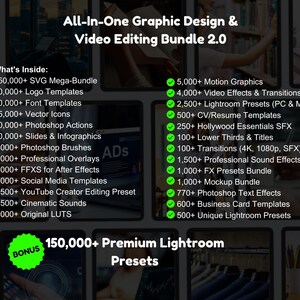 May include: An advertisement for a graphic design and video editing bundle, listing digital assets such as SVG bundles, logo templates, font templates, vector icons, Photoshop actions, and Lightroom presets. The image also highlights a bonus of 150,000+ premium Lightroom presets.