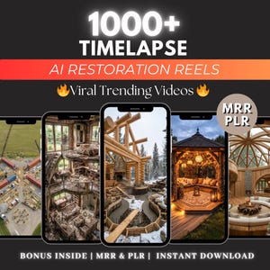 May include: Promotional graphic with the text "1000+ TIMELAPSE AI RESTORATION REELS" and "Viral Trending Videos." Four phone screens showcase architectural restoration timelapses. The graphic also includes the text "BONUS INSIDE | MRR & PLR | INSTANT DOWNLOAD."
