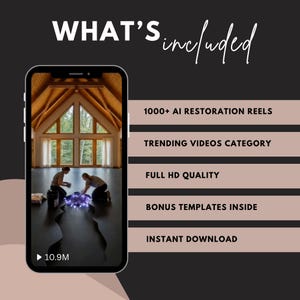Puede incluir: Una pantalla de tel&eacute;fono inteligente muestra un video de dos personas trabajando con luces en una habitaci&oacute;n grande. El texto en la pantalla dice "WHAT'S included" y enumera caracter&iacute;sticas como "1000+ AI RESTORATION REELS" e "INSTANT DOWNLOAD."