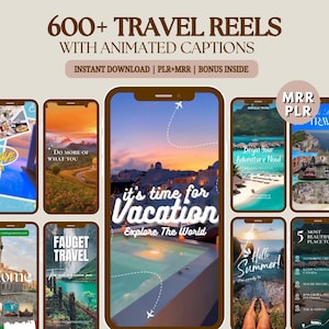 May include: Image featuring multiple smartphone screens showcasing travel reels with animated captions. The text reads "600+ TRAVEL REELS WITH ANIMATED CAPTIONS" and "it's time for Vacation Explore The World". Other screens display travel destinations.