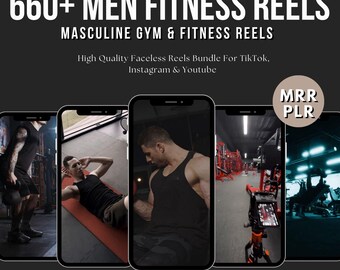 May include: An advertisement for a fitness reel bundle. The image shows five smartphones displaying workout videos. The text reads "660+ MEN FITNESS REELS" and "MASCULINE GYM & FITNESS REELS". Additional text includes "High Quality Faceless Reels Bundle For TikTok, Instagram & Youtube".