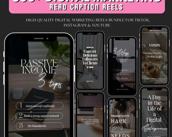 May include: A digital marketing bundle with the text "300+ DIGITAL MARKETING READ CAPTION REELS". The image shows several smartphone screens with marketing tips and the text "PASSIVE INCOME 3 tips". Includes PLR & MRR and free bonuses.