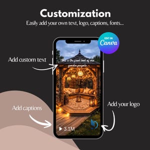 Puede incluir: Pantalla de smartphone con imagen de p&eacute;rgola de jard&iacute;n y opciones de personalizaci&oacute;n. El texto indica la posibilidad de a&ntilde;adir texto, logotipos y leyendas. El logotipo de Canva es visible.