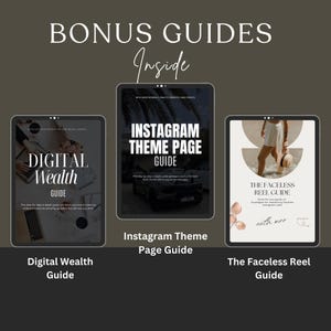 K&ouml;nnte beinhalten: Drei digitale Leitfaden-Cover mit Text&uuml;berlagerungen. Das erste Cover ist blau und wei&szlig; mit dem Text "Digital Wealth Guide". Das zweite Cover ist wei&szlig; mit dem Text "Instagram Theme Page Guide". Das dritte Cover ist wei&szlig; mit dem Text "The Faceless Reel Guide".