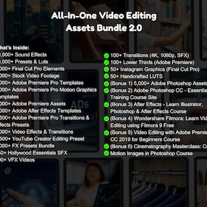 May include: An advertisement for an all-in-one video editing assets bundle 2.0. The image lists the contents, including sound effects, presets, stock footage, templates, transitions, and video effects. The text also mentions Adobe Premiere Pro and Photoshop assets.