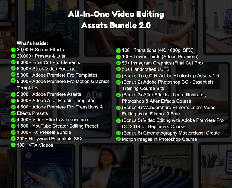May include: An advertisement for an all-in-one video editing assets bundle 2.0. The image lists the contents, including sound effects, presets, stock footage, templates, transitions, and video effects. The text also mentions Adobe Premiere Pro and Photoshop assets.