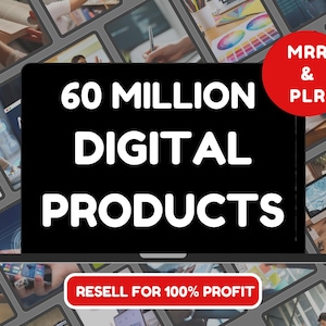 Könnte beinhalten: Ein Laptop mit einem schwarzen Bildschirm, auf dem der Text "60 MILLIONEN DIGITALE PRODUKTE" in Weiß angezeigt wird. Der Text "WIEDERVERKAUFEN FÜR 100% GEWINN" wird in Rot auf einem weißen Knopf unter dem Laptop angezeigt. Ein roter Kreis mit dem Text "MRR & PLR" befindet sich in der oberen rechten Ecke des Bildes.