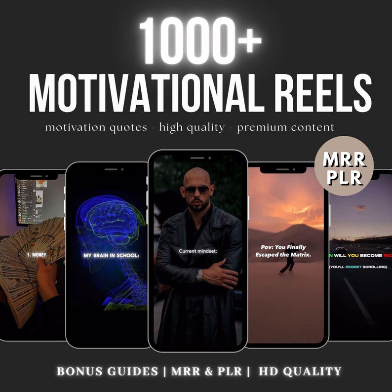 May include: A promotional image for "Motivational Reels" featuring several smartphones displaying motivational quotes and content. The image includes the text "1000+ Motivational Reels" and other text such as "Bonus Guides" and "HD Quality."