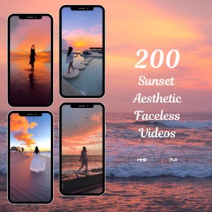 Puede incluir: Un collage de cuatro imágenes que muestran a una persona caminando hacia una puesta de sol en una playa. El texto "200 Sunset Aesthetic Faceless Videos" se muestra en el centro de la imagen. Los textos "MMR" y "PLR" se muestran en círculos en la parte inferior de la imagen.