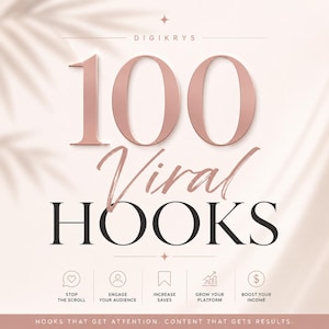 Può includere: Un grafico digitale con il testo DIGIKRYS, 100 VIRAL HOOKS, e cinque icone etichettate STOP THE SCROLL, ENGAGE YOUR AUDIENCE, INCREASE SAVES, GROW YOUR PLATFORM, e BOOST YOUR INCOME, con un banner inferiore che riporta HOOKS THAT GET ATTENTION.