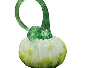 Blown Glass Pumpkin: "Snowtopped Greenery"