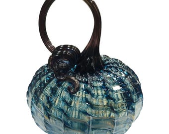Blown Glass Pumpkin - "Superior Waves" (black stem) - Small