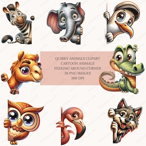 Clipart animal lunatique furtivement autour du coin, clipart animaux humoristiques, animal original PNG Bundle, lot de cliparts, fond Transparent
