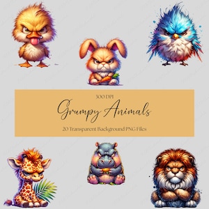 Grumpy Animals PNG, Cartoon Grumpy Animals, Comical Animal Art, Digital Download Ani, Sublimation Designs, Clipart Designs. Commercial Use.