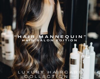 May include: A mannequin head with a long, wavy wig featuring dark brown, blonde, and light brown highlights. The text on the image reads "Hair Mannequin Hair Salon Edition" and "Luxury Haircare Collection."