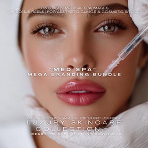 May include: Close-up of a person's face with full lips and long eyelashes. The image includes text that reads "MED SPA" MEGA BRANDING BUNDLE and "LUXURY SKINCARE COLLECTION". A syringe is held near the lips, suggesting a cosmetic procedure.