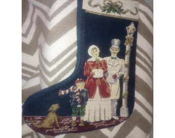 Vtg Handmade Family Under Street Light Tapestry Stocking 14.5L Navy