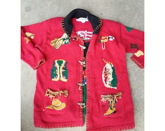 The Eagles Eye Hand Knit Texas Theme Rodeo Ugly Sweater  Cardigan M 1994
