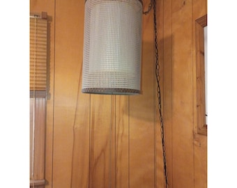vintage 1960s MCM woven Rattan cane cylinder swag pendant lamp with wood Trim