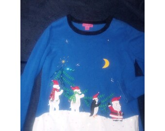Vtg Bobbie Bell XL Soft Cotton Blend Long Sleeve Polar Bear, Santa Multicolor