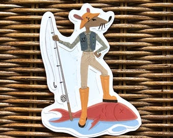 Sticker rat pêcheur en vinyle : sticker pour ordinateur portable animal de sports nautiques