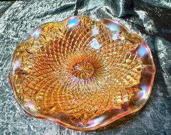 Vintage Carnival Diamond Pattern Glass Bowl, marigold multi-colored, statement, decoration,