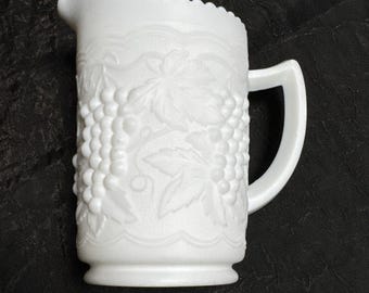 Imperial Milk Glass Pitcher with grape design, Vintage 1950s