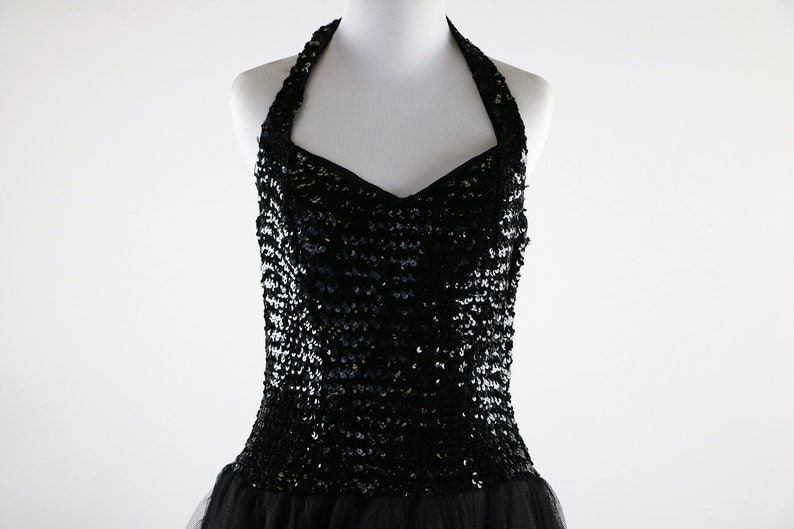 Vintage 1950/'s Black Sequin Halter Gown with Tulle Skirt