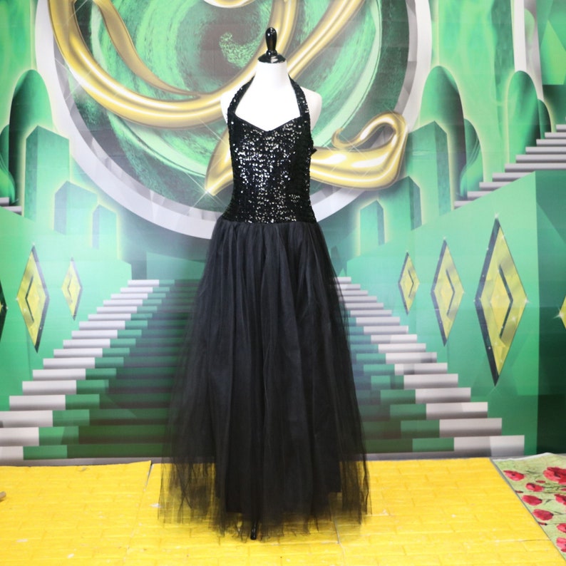 Vintage 1950/'s Black Sequin Halter Gown with Tulle Skirt