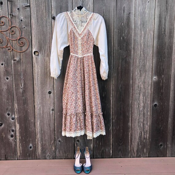 1970's Prairie Gunne Sax Floral Maxi Dress With La