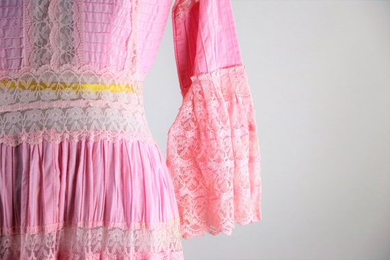 Vintage 1970's Pink Pintuck Mexican Lace Wedding D