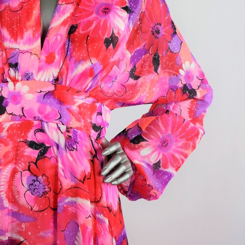 Vintage 1970's Red/Pink/Purple Chiffon Floral with fashion Sheer Long Sleeves and Keyhole Cutout