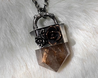 Bronze copper rutile quartz crystal succulents sterling silver pendant necklace 925 distressed phantoms point rutilated gem cap capped beige