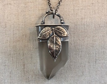 Smoky gray citrine quartz crystal sterling silver rose leaf twig pendant necklace 925 distressed point gemstone leaves rock wand plants gem