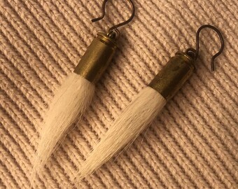 Brass bullet shell fur puff earrings case pierced gold tone oxidized wire wrapped dangle cream white black gray red tan steampunk chunky