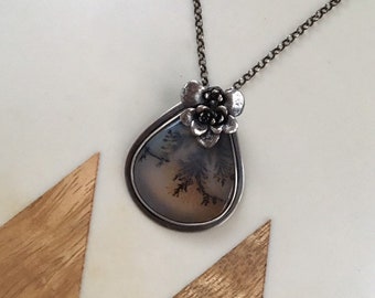 Succulent Dendritic Agate stone sterling silver necklace pendant cast 925 real plants leaves petals tear drop flowers orange gray black