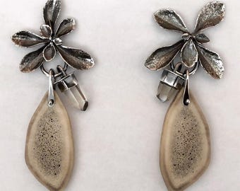 Sterling silver succulent citrine crystal antler dangle earrings posts cast 925 real organic botanical detailed nature textured chunky heavy