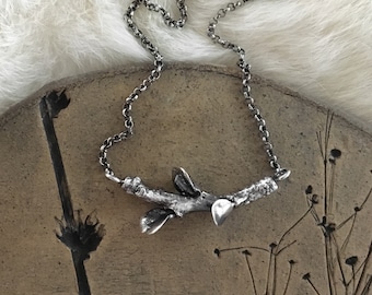 Succulent leaves twig sterling silver necklace floral cast 925 real botanical flower detailed bar nature dainty wedding branch stick petal
