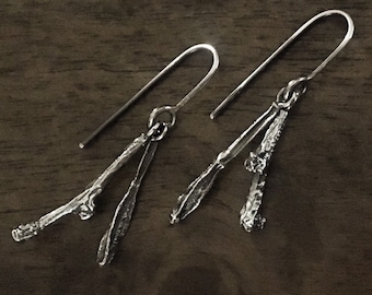 Twig and leaf dangle sterling silver earrings hooks long cast 925 real organic botanical detailed nature textured leaves branch grunge